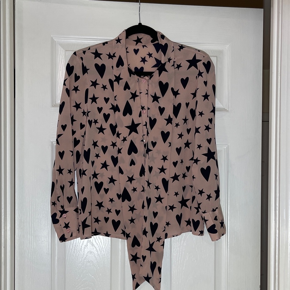 100% Silk Pink Star and Heart Patterned Women's Blouse